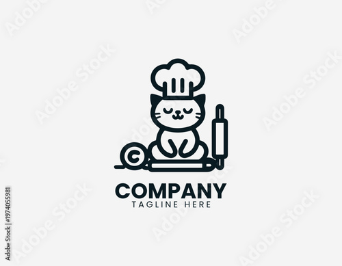 Cute cat wearing chef hat sitting with dough and rolling pin representing baking activity and cozy kitchen lifestyle in clean minimalist black vector illustration style on white background
