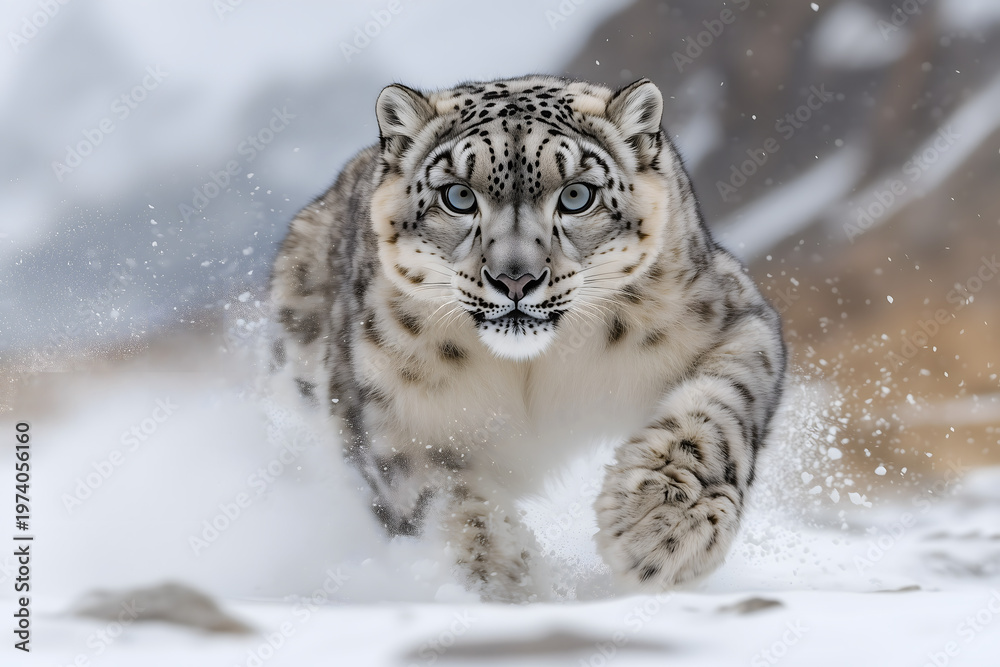 Fototapeta premium Snow leopard walking through snowy terrain in winter, creating a powerful wildlife scene with sharp focus, cold mountain atmosphere, and majestic natural beauty.