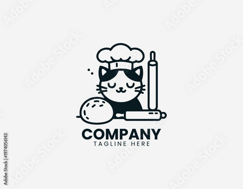 Cute cat wearing chef hat sitting with dough and rolling pin representing baking activity and cozy kitchen lifestyle in clean minimalist black vector illustration style on white background