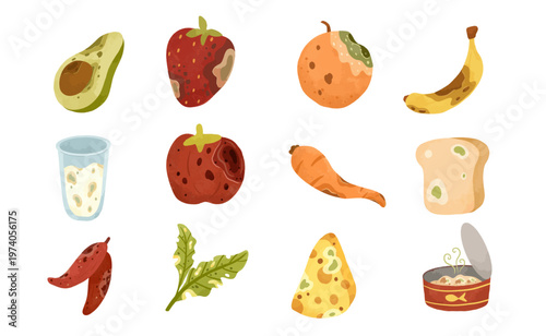 Watercolor Spoiled Food and Moldy Kitchen Waste Asset Set