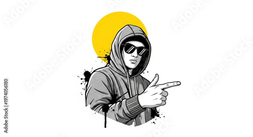 Hooded Figure with Sunglasses Pointing Finger, Mysterious and Stylish Illustration.