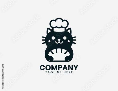 Cute cat wearing chef hat sitting with dough and rolling pin representing baking activity and cozy kitchen lifestyle in clean minimalist black vector illustration style on white background