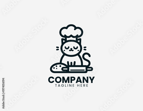 Cute cat wearing chef hat holding bread representing playful bakery concept and cooking lifestyle in clean minimalist black vector illustration style on white background