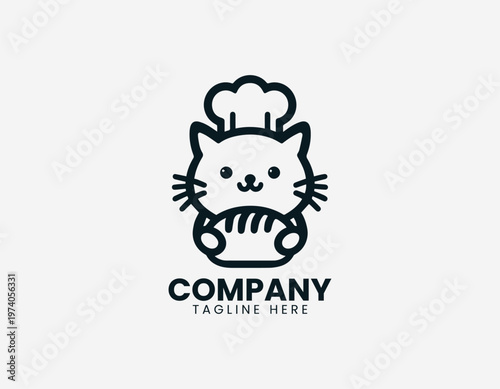 Cute cat wearing chef hat holding bread representing playful bakery concept and cooking lifestyle in clean minimalist black vector illustration style on white background