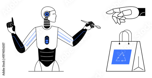 Artificial intelligence, sustainability, recycling, human-robot interaction, automation, future tech. A humanoid robot with a digital interface, robotic hand and recycling bag. AI and sustainability
