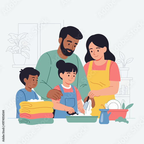 Family Doing Laundry Together at Home.