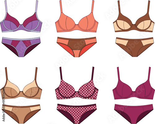Women lingerie set vector illustration, colorful bra and panties collection, fashion underwear technical sketches, female intimate apparel isolated on white background, professional graphics.