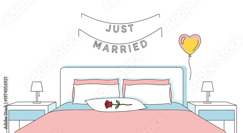 A pink cartoon bedroom interior vector illustration featuring a cozy bed with a pillow, furniture, and a lamp in a modern home design
