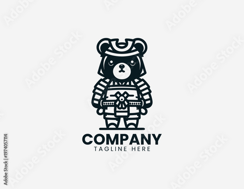 Cute bear wearing samurai armor holding sword representing playful character mascot and cultural warrior theme in clean minimalist black vector illustration style on white background