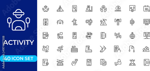 Activity and Lifestyle Line Icon Set for Cooking, Sports, Fishing, Camping, Hobbies, Daily Routine and Recreation Outline Vector Collection