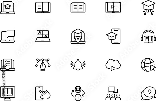 EdTech and Online Learning Line Icon Set for Virtual Education, Students, Teachers, E Learning Platforms, Courses and Digital Classroom Outline Vector Collection