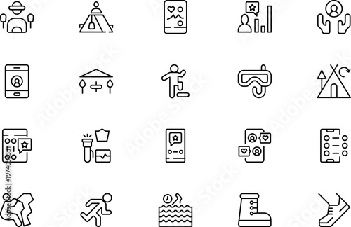 Activity and Lifestyle Line Icon Set for Cooking, Sports, Fishing, Camping, Hobbies, Daily Routine and Recreation Outline Vector Collection