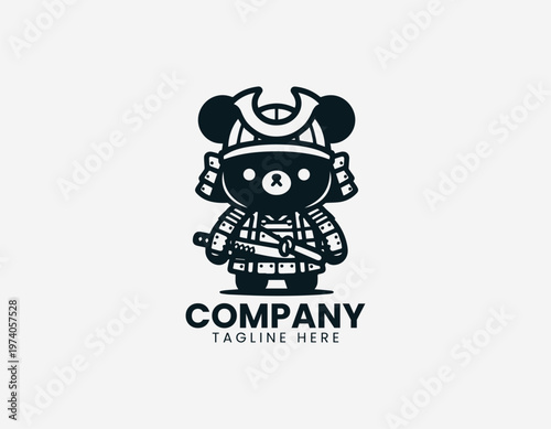 Cute bear wearing samurai armor holding sword representing playful character mascot and cultural warrior theme in clean minimalist black vector illustration style on white background