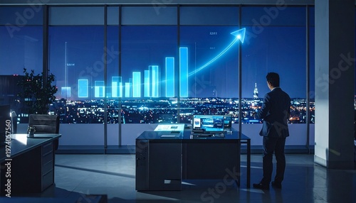Businessman in modern office looking at digital stock market growth chart with upward arrow and cityscape at night