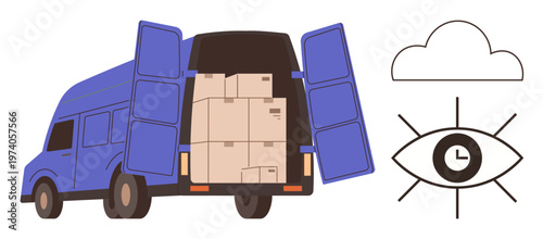 Logistics, delivery planning, transportation, supply chain, time management, tracking. A van with open doors full of boxes and a time-tracking eye symbol. Logistics and delivery planning concept