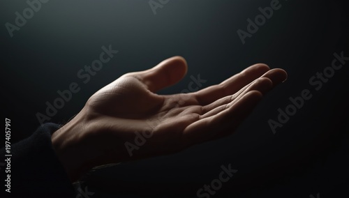 Hand with palm up, receiving light, symbolizing concepts of reaching out for help, hope, poverty, and begging