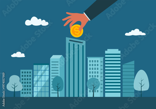 Hand put coin in real estate building, Buy house on credit, invest in real estate.