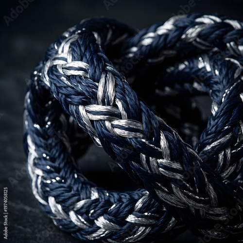 Exquisitely Woven Nautical Ropes in Midnight Navy and Silver Form Abstract Helix with Dramatic Sidelight