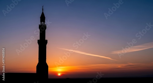 Silhouette of a majestic mosque tower against a vibrant sunset scene