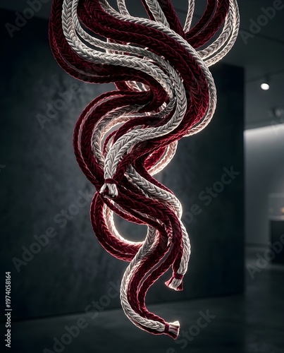 Velvet Cord Braids in Burgundy and Platinum Spiral into Abstract Cascade with Dramatic Museum Backlighting