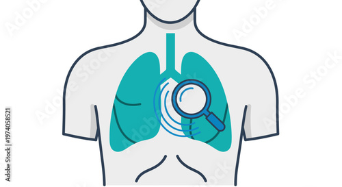 Medical illustration of lungs with a magnifying glass focused on the trachea, symbolizing respiratory health and diagnosis