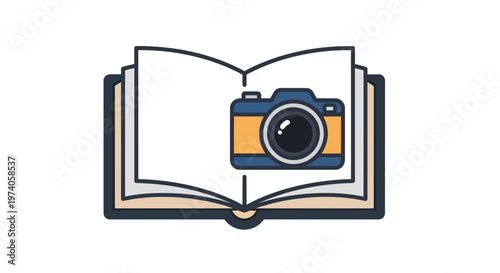 Open book with vintage camera illustration symbolizing photography education and learning