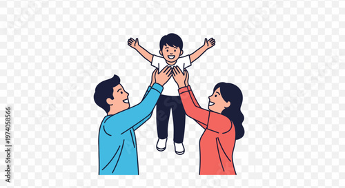 Happy parents playing cheerfully with their child, lifting kid in air with joyful smiles. Vector illustration of family bonding and childhood happiness