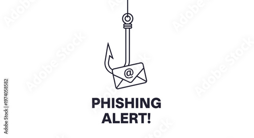 Phishing alert concept showing an email caught on a fishing hook, symbolizing a dangerous online scam or cyber threat