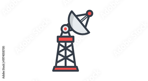 Satellite dish communication tower broadcasting technology icon with red accents on a white background