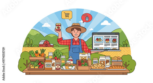 Farmer selling organic produce online with fresh food products displayed at a stall