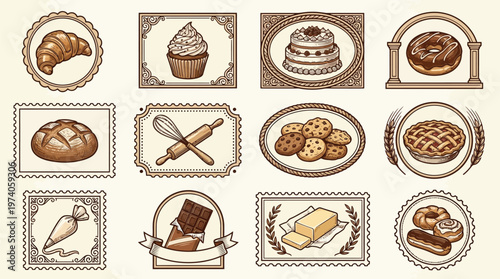 Illustration of Delicious Bakery Pastries Sweet Treats Collection Illustrated Stamps Design Set