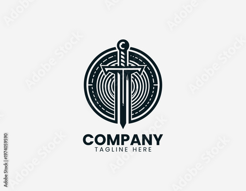 Sword passing through round shield in clean modern black vector logo illustration style on a white background