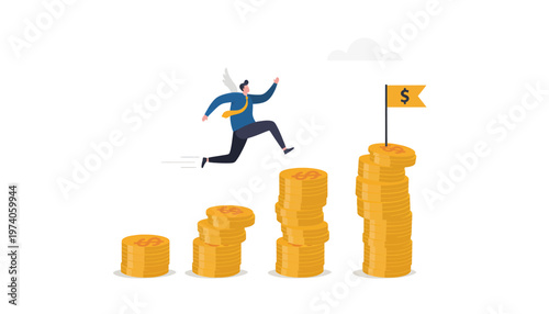 Person with wings jumps over coin stacks towards a money flag, symbolizing financial growth, investment, wealth, success, and prosperity journey