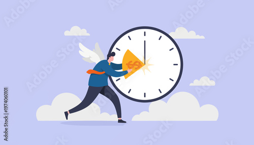 Maximizing financial success through efficient time management. A determined winged person pushes a clock's minute hand, symbolizing productivity and gain