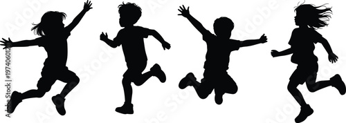 Children jumping silhouettes in playful motion isolated on white background, happy kids vector illustration for fun, childhood activity, freedom, joy, energetic lifestyle concept