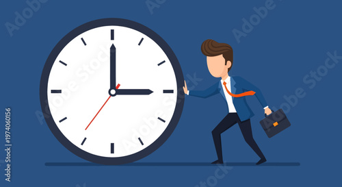 Businessman pushing a large clock, symbolizing the relentless effort in time management, meeting deadlines, and overcoming business challenges