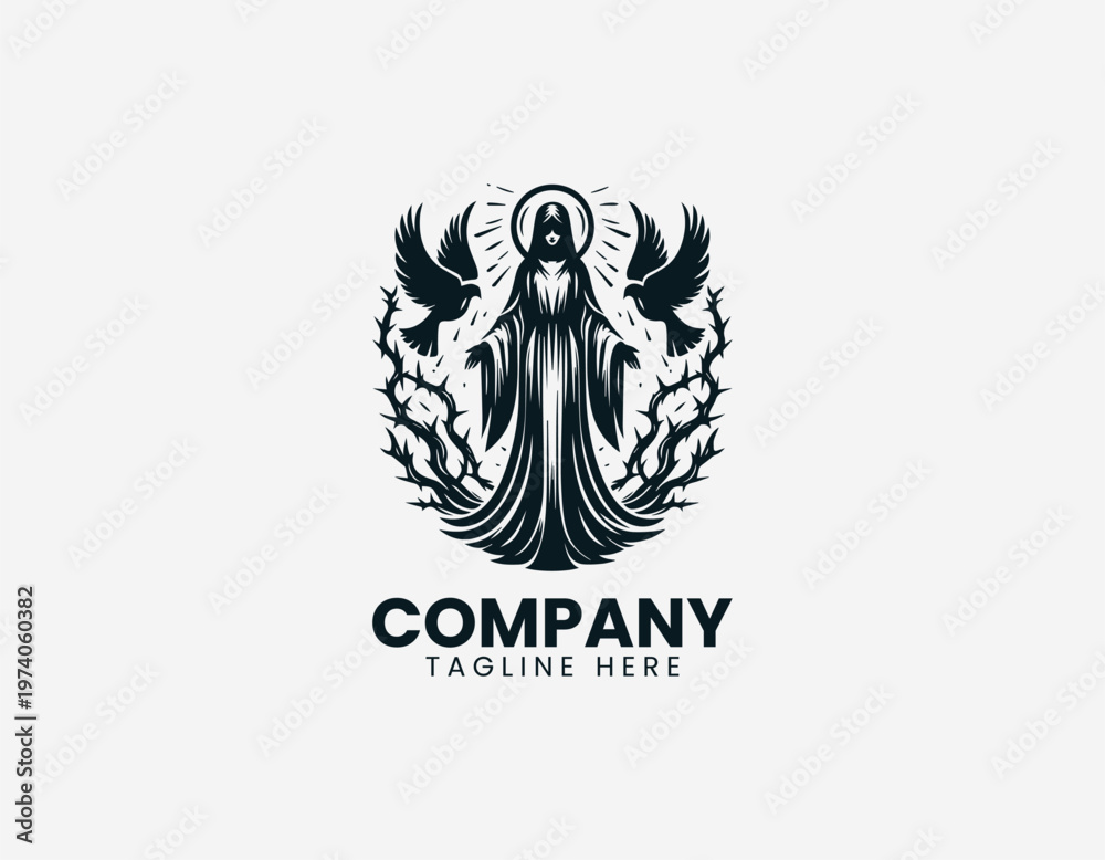 Fototapeta premium Robed female figure with halo doves and thorn branches in clean modern black vector logo illustration style on a white background