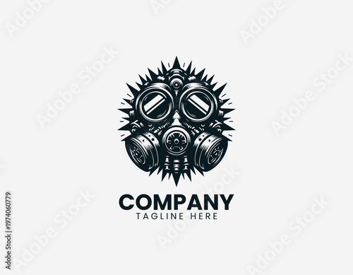 Gas mask with spike elements in clean modern black vector logo illustration style on a white background