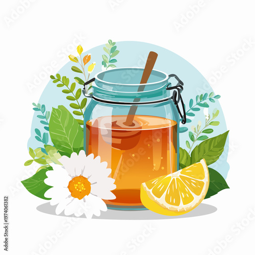 Golden honey in a jar with a dipper, lemon slice, daisy, and green leaves. Natural sweetness, healthy ingredients, and soothing comfort for wellness