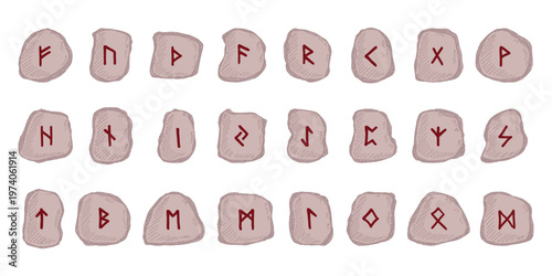 Set of hand drawn viking runes Rune stones with ancient norse alphabet characters engraved on them Scandinavian futhark germanic celtic Single element for design, print, web, decor