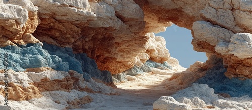 A geological scene shows stratified rock formations and an opening to the sky