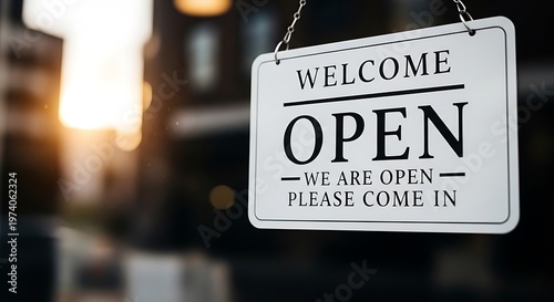A white open sign hanging on a chain with a blurred background