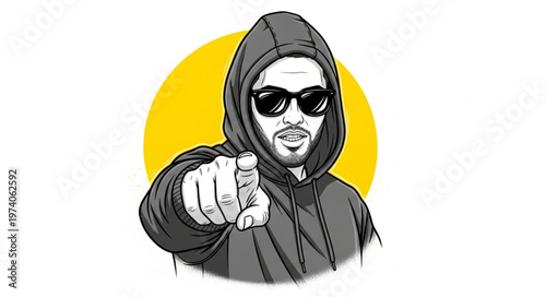 Intense Man in Hoodie and Sunglasses Pointing Directly at Viewer.