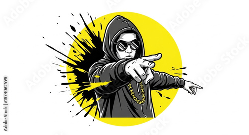Hooded Figure Pointing with Sunglasses in Graphic Style.