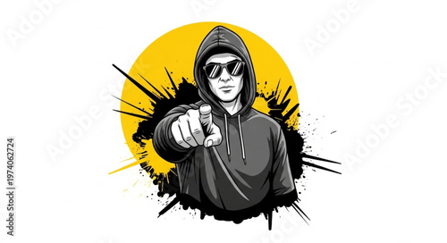 Mysterious Figure in Hoodie and Sunglasses Pointing Forward.