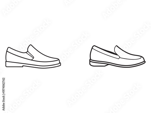 A pair of black and white line drawing shoes for men or women  loafer style footwear  isolated on white background