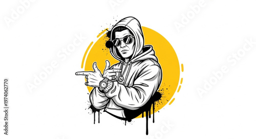 Cool Rapper with Hood and Sunglasses Pointing Finger Gun Illustration.