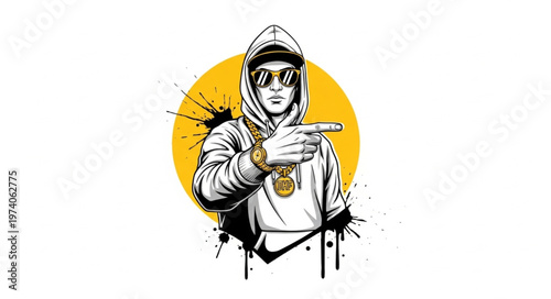 Stylized Illustration of a Man with Cap, Sunglasses, and Gold Chain.