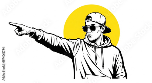 Confident Man Pointing Forward with Purpose and Style in Black and White.