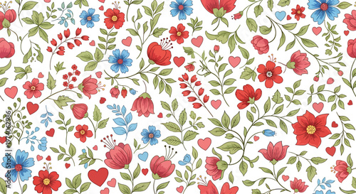 Colorful Floral Pattern with Red Hearts and Flowers on White Background
